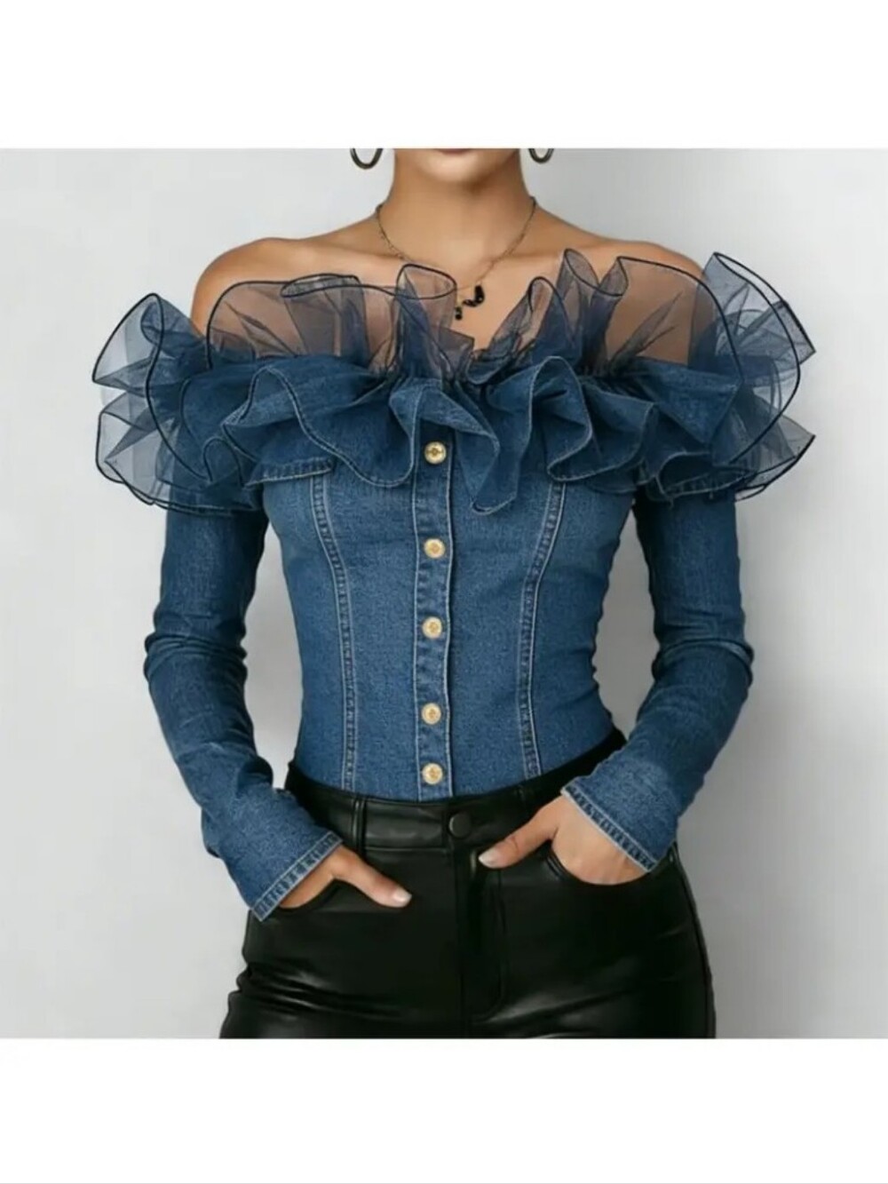 Women'S Off The Shoulder Denim Blouse Dramatic Tulle Ruffle Trim Long Sleeve